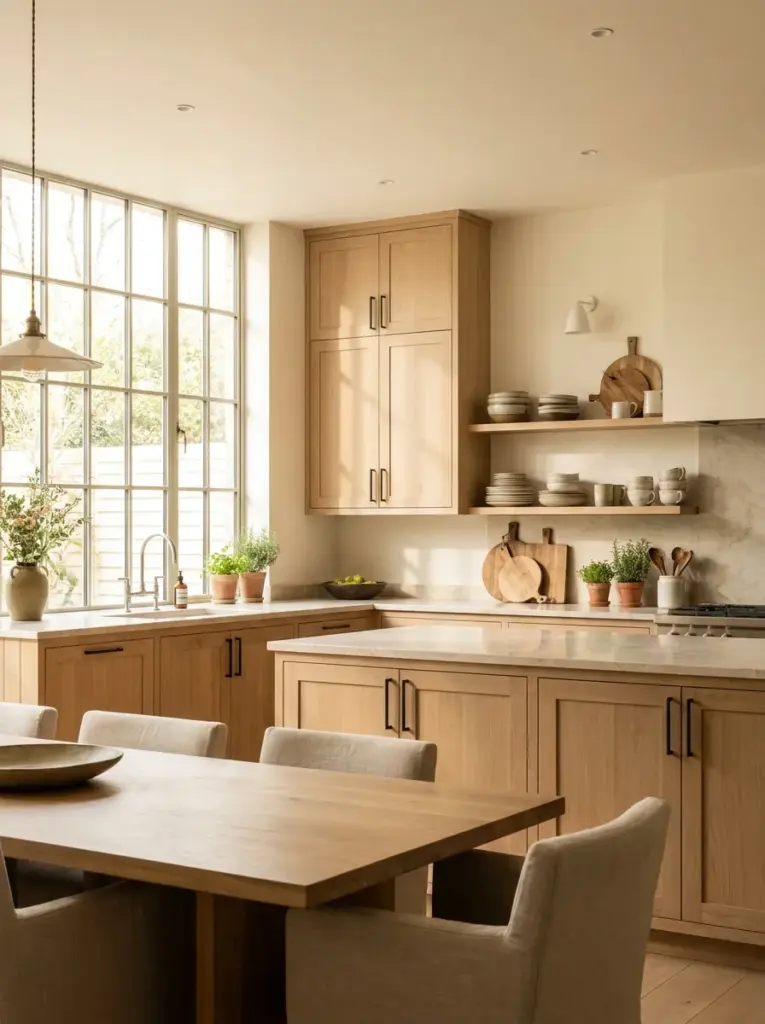 Bright real-life kitchen featuring natural white oak cabinets with slim matte hardware, visible wood grain, neatly made, beautifully arranged, organized, clean, bright natural light pouring through oversized windows, vibrant warm neutral palette, realistic home interior, Pinterest-ready, premium stock photo, DSLR photography, highly detailed, no people.