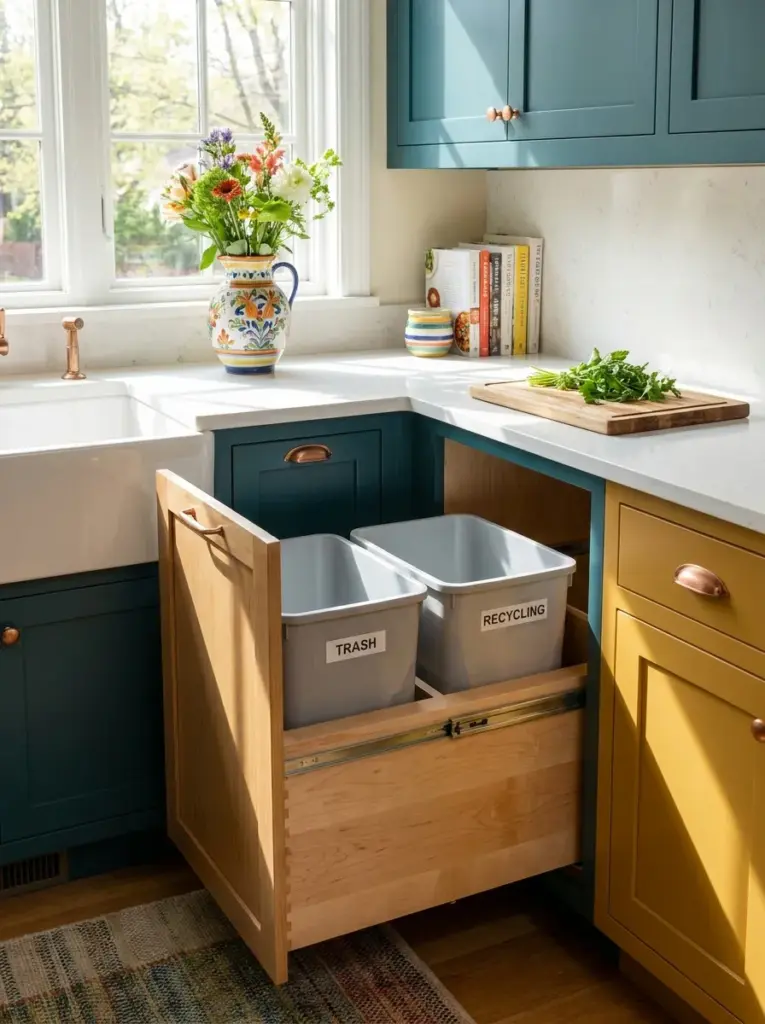 Authentic residential kitchen with a pull-out cabinet revealing hidden trash and recycling bins beside the food preparation area, neatly made, beautifully arranged, organized, clean, bright natural light entering from wide windows, vibrant modern colors, realistic stock photography, Pinterest-ready, premium DSLR photo, highly detailed, no people.
