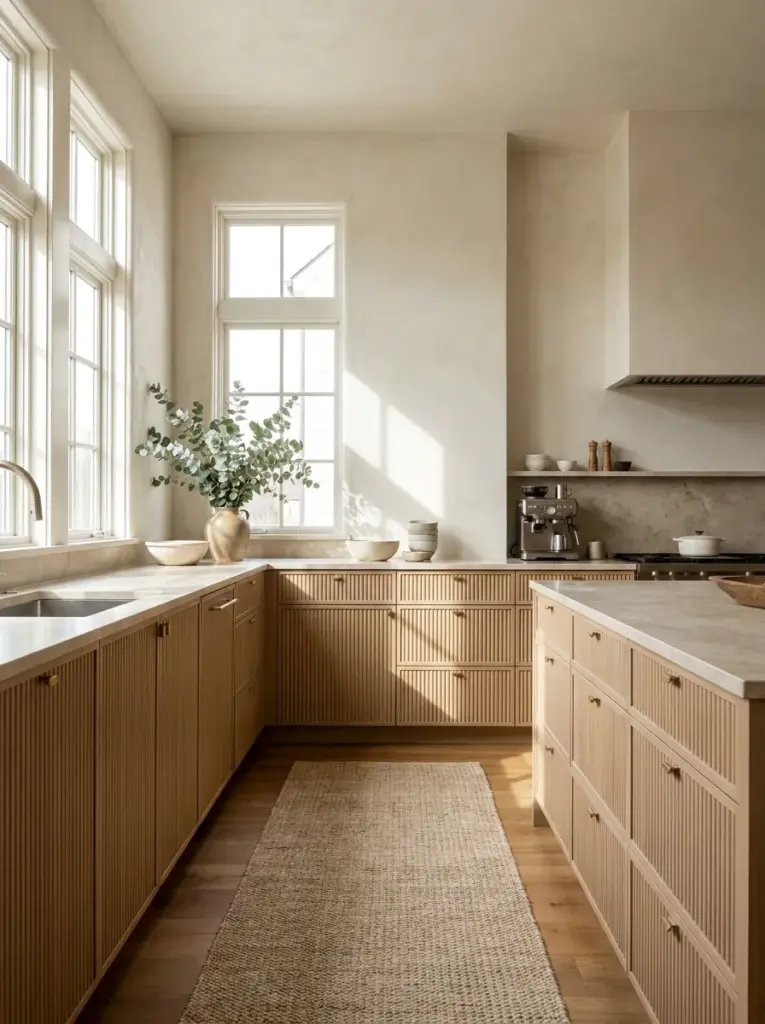 Elegant real-life kitchen with vertical fluted cabinet doors in warm beige wood, subtle textured surfaces catching bright natural light from large side windows, neatly made, beautifully arranged, organized, clean, vibrant neutral palette, realistic family home, Pinterest-ready, premium stock photography, DSLR quality, highly detailed, no people, not CGI.