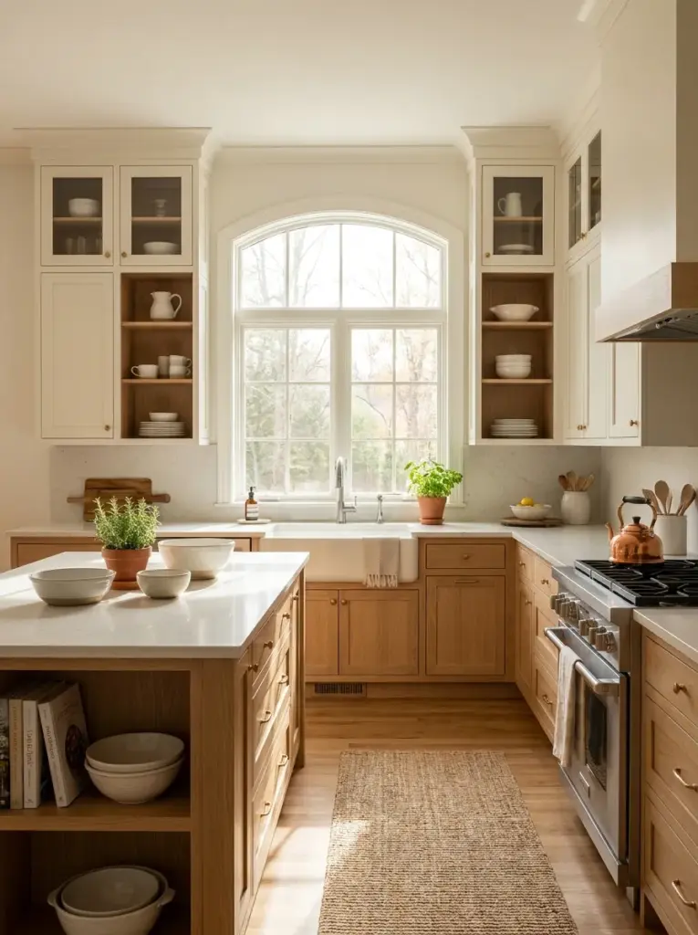 Real-life kitchen with custom cabinets framing a large window without blocking sunlight, cabinet layout emphasizing the flow of bright natural light across countertops and cabinet faces, neatly made, beautifully arranged, organized, clean, vibrant colors enhanced by daylight, realistic family home, Pinterest-ready, premium stock photography, DSLR quality, highly detailed, no people, not a 3D render.