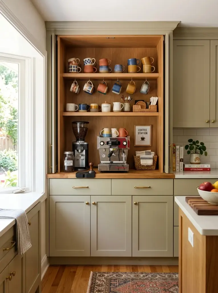 Real-life kitchen with a built-in coffee bar cabinet featuring open pocket doors, organized mugs, espresso machine, coffee beans, and accessories, neatly made, beautifully arranged, organized, clean, bright natural light entering from nearby windows, vibrant warm colors, authentic family home, Pinterest-ready, premium stock photography, DSLR quality, highly detailed, no people, not a 3D render.