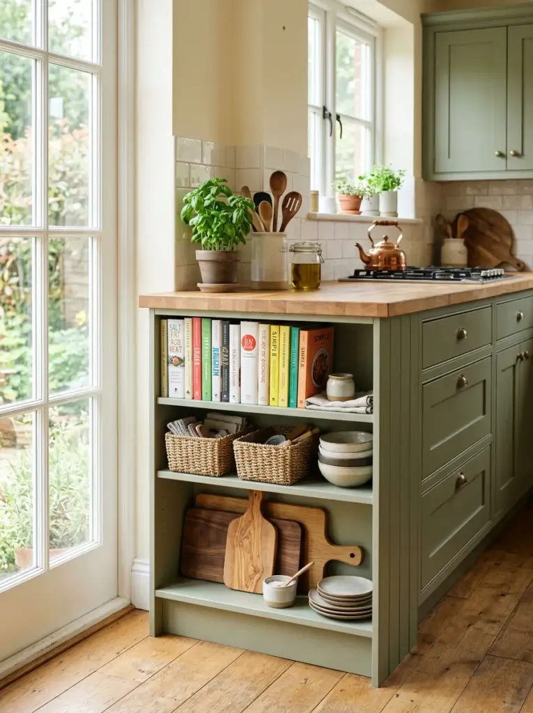 Authentic residential kitchen with base cabinets featuring open end shelves displaying cookbooks, woven baskets, and wooden serving boards, neatly made, beautifully arranged, organized, clean, bright natural light flowing from large windows across the shelving, vibrant earthy tones, realistic stock photography, Pinterest-ready, DSLR photo, highly detailed, no people.