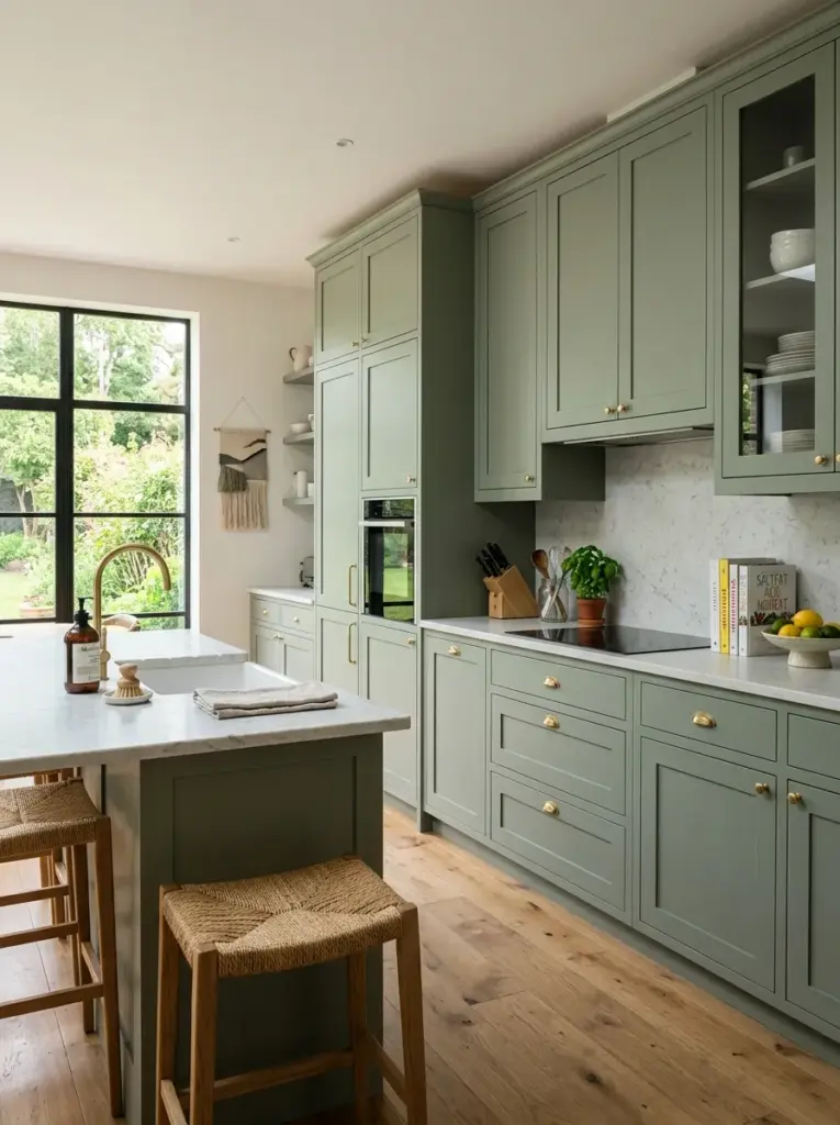Bright real-life kitchen with fully integrated refrigerator and dishwasher hidden behind matching cabinet panels, continuous cabinetry creating a seamless wall, neatly made, beautifully arranged, organized, clean, bright natural light entering from expansive windows highlighting the cabinet surfaces, vibrant yet elegant colors, realistic family home, Pinterest-ready, premium stock photography, DSLR quality, highly detailed, no people, not CGI.