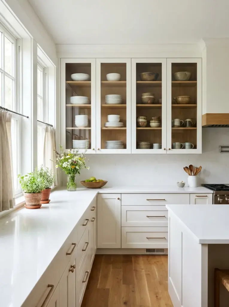 Real-life kitchen with elegant glass-front upper cabinets displaying matching white dishes and handmade ceramics, neatly made, beautifully arranged, organized, clean, bright natural light illuminating shelves from nearby windows, vibrant yet natural colors, inviting family kitchen, realistic stock photography, premium home interior, Pinterest-ready, DSLR photo, no people, not illustration, not CGI.