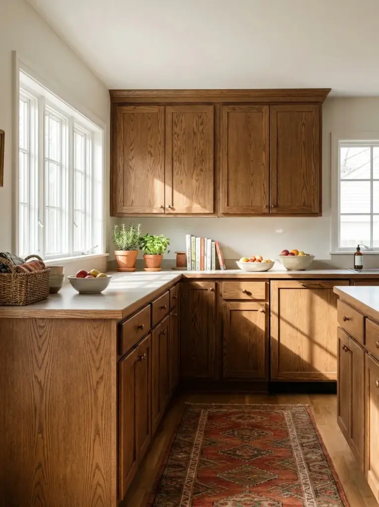 Authentic family kitchen featuring medium-tone oak cabinets against soft white walls, visible natural wood grain, neatly made, beautifully arranged, organized, clean, bright natural light from oversized windows creating gentle shadows across cabinets, vibrant earthy colors, realistic lifestyle photography, Pinterest-ready, premium stock photo, highly detailed, no people, no 3D render.