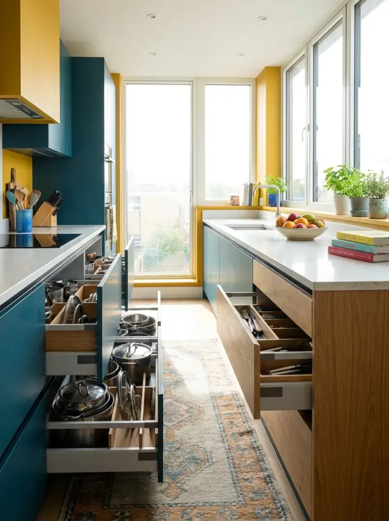 Bright contemporary kitchen with deep drawer cabinets pulled open showing organized cookware, neatly made, beautifully arranged, organized, clean, bright natural light flowing from large windows directly across the drawers, vibrant modern interior colors, realistic lived-in home, Pinterest-ready, premium stock photography, DSLR quality, no people, no CGI.