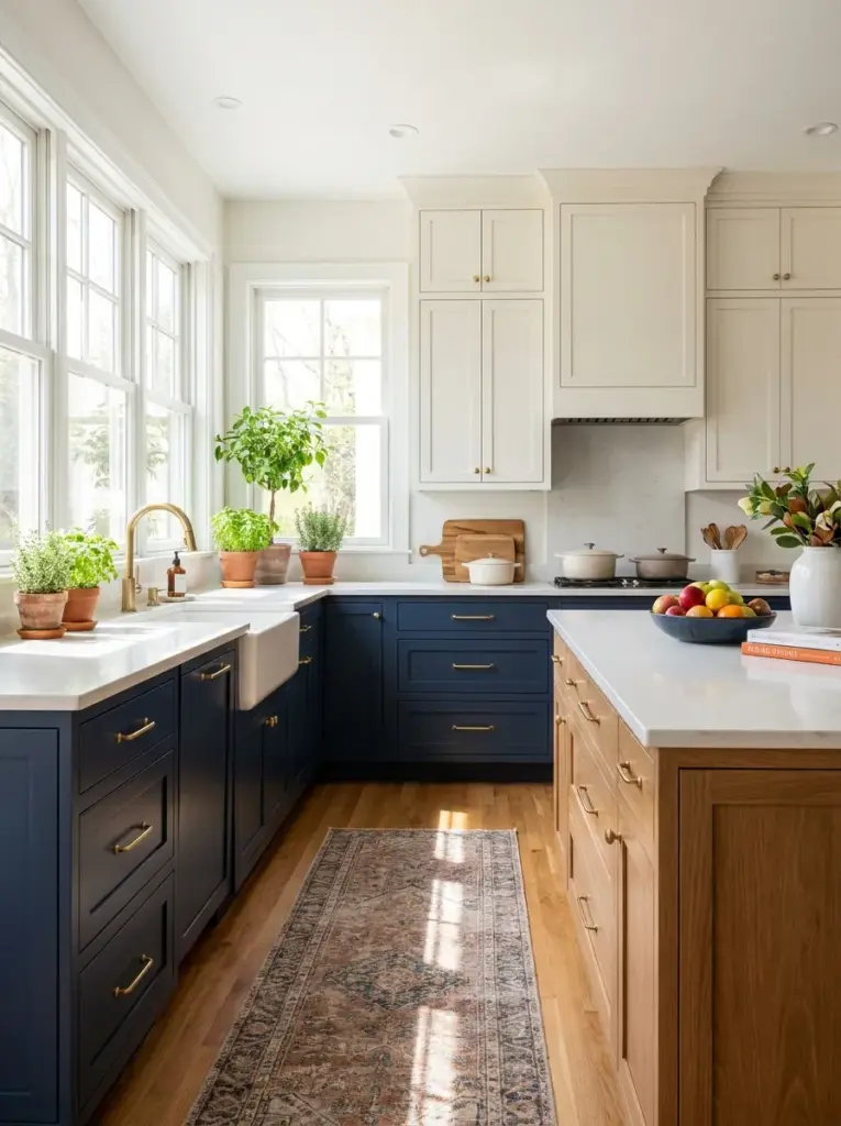 Beautiful real-life kitchen featuring navy lower cabinets with warm white upper cabinets, matching brass hardware, neatly made, beautifully arranged, organized, clean, bright natural light entering from wide windows above the sink highlighting cabinet contrast, vibrant colors, functional family kitchen, Pinterest-ready, premium stock photo, realistic DSLR photography, highly detailed, no people, not a render.