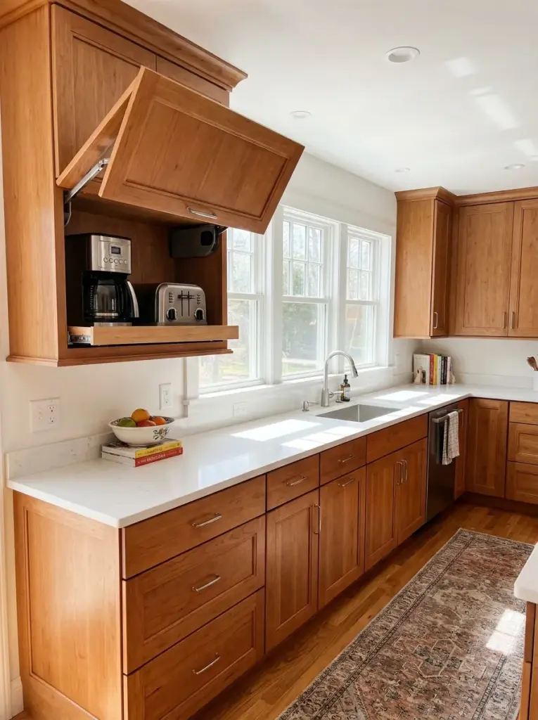 Real-life family kitchen with a hidden appliance garage cabinet open to reveal a coffee maker and toaster, countertops otherwise clear, neatly made, beautifully arranged, organized, clean, bright natural light entering from nearby windows, vibrant colors, realistic home photography, functional modern kitchen, Pinterest-ready, premium stock photo, DSLR quality, highly detailed, no people, not a 3D render.