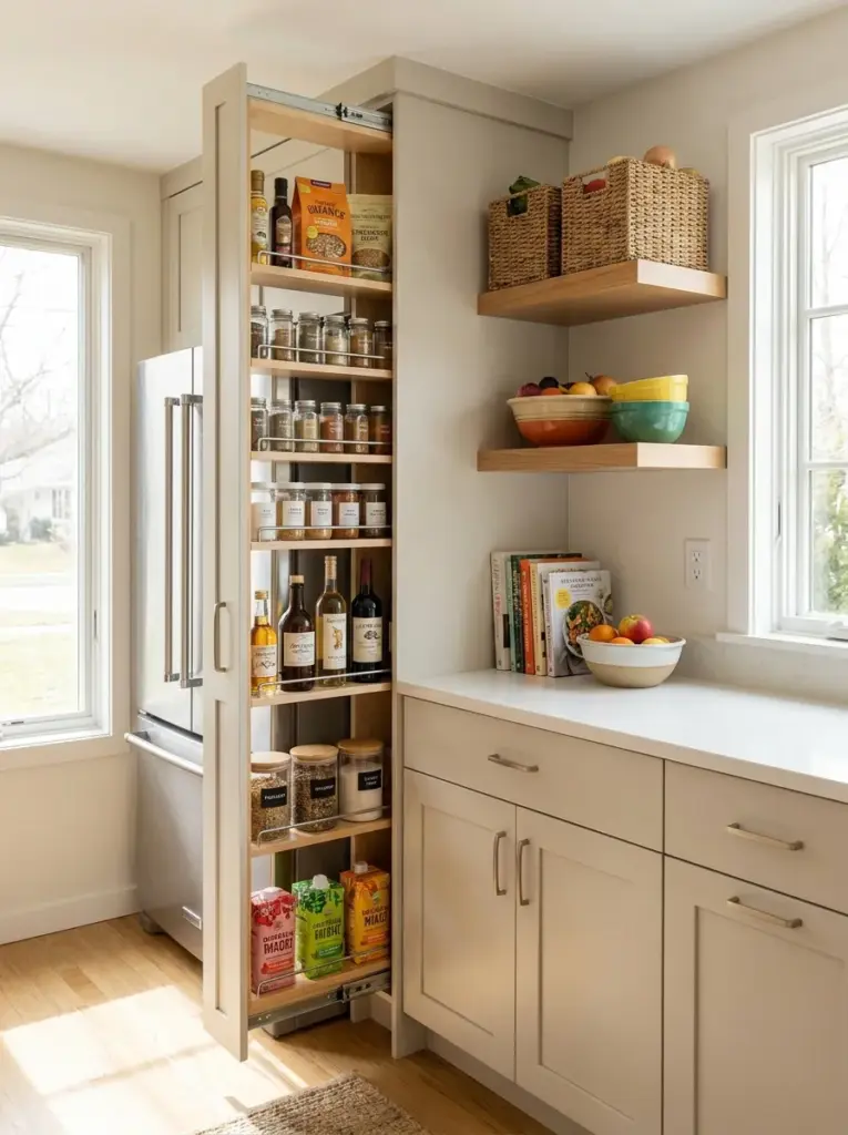 Bright residential kitchen featuring a slim pull-out pantry cabinet beside a refrigerator, shelves filled with neatly organized spices and pantry essentials, neatly made, beautifully arranged, organized, clean, bright natural light from side windows, vibrant food packaging with tasteful colors, realistic lifestyle photography, Pinterest-ready, premium stock photo, highly detailed, no people.