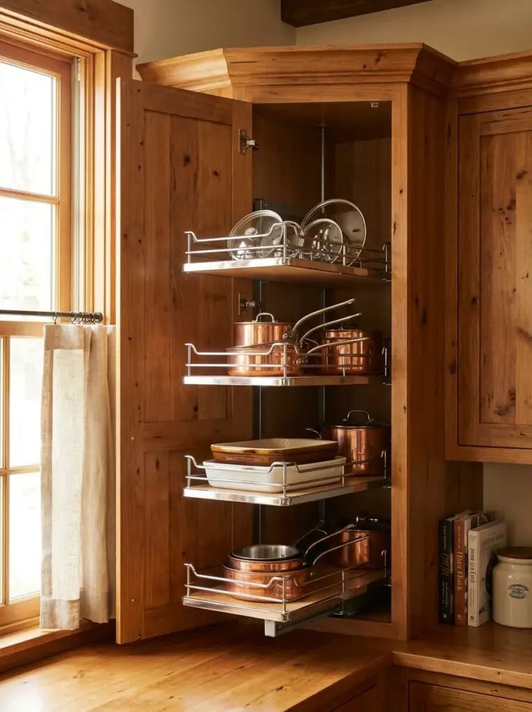 Authentic kitchen with an open corner cabinet featuring elegant swing-out shelves holding cookware, neatly made, beautifully arranged, organized, clean, bright natural light streaming from adjacent windows illuminating the cabinet interior, vibrant warm cabinetry, realistic stock photography, Pinterest-ready, DSLR photo, no people, not CGI.