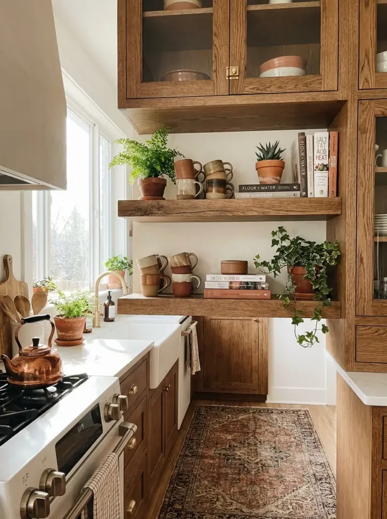 Cozy real-life kitchen with floating wooden shelves framed by matching cabinets, displaying ceramic mugs, cookbooks, and small green plants, neatly made, beautifully arranged, organized, clean, bright natural light highlighting the shelves from large windows, vibrant earthy colors, Pinterest-ready, premium stock photography, highly detailed, no people.