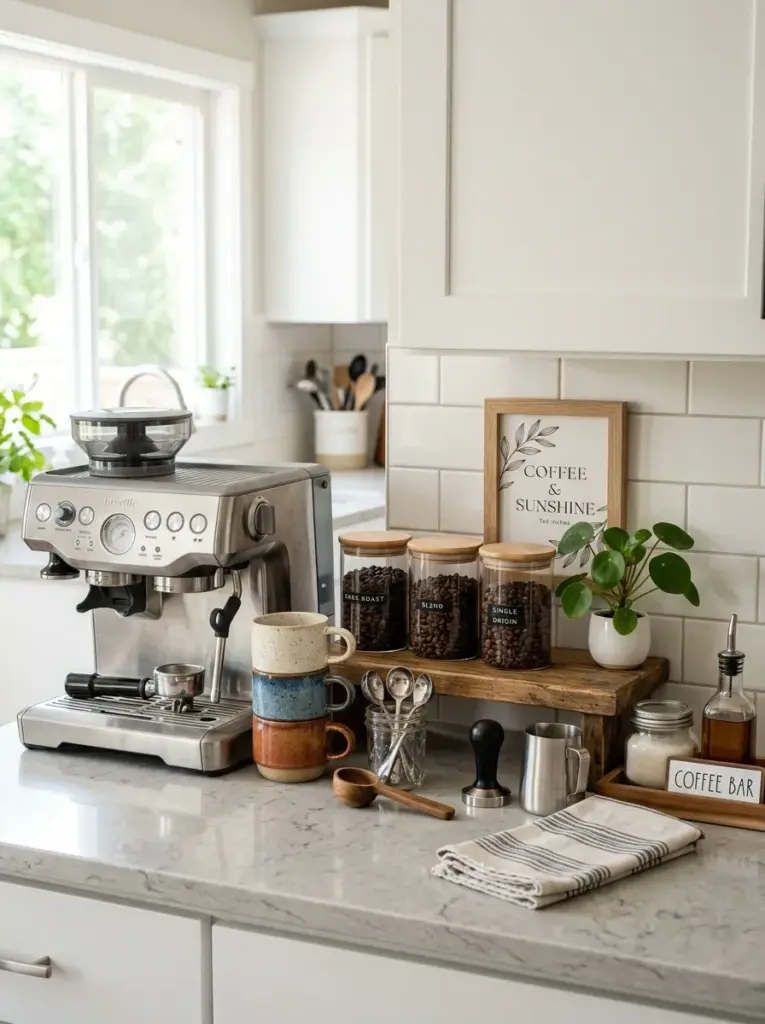 Real-life modern kitchen coffee station on a quartz countertop, espresso machine beside neatly made ceramic mugs, glass coffee bean jars on a wooden riser, small framed artwork leaning against backsplash, tiny green plant, beautifully arranged, organized, clean, bright natural light streaming from a nearby window, vibrant colors, authentic lived-in home, Pinterest-ready, professional stock photography, ultra realistic, no people