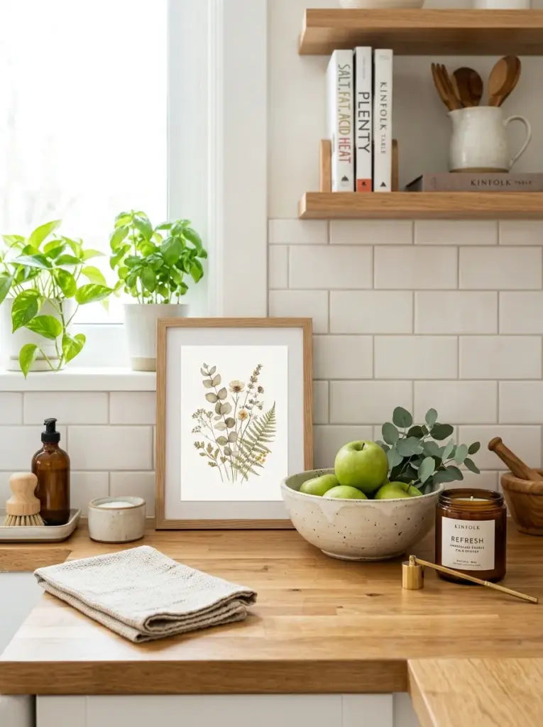 Authentic home kitchen countertop featuring a small framed botanical print leaning against the backsplash beside a ceramic bowl and elegant candle, neatly made, beautifully arranged, organized, clean, bright natural light, vibrant yet balanced colors, Pinterest-ready stock photography, ultra realistic, no people