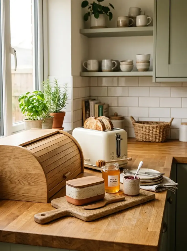 Real-life kitchen breakfast station featuring a wooden bread box, ceramic butter dish, honey jar, compact toaster, and wooden serving board, neatly made, beautifully arranged, organized, clean, bright natural light, vibrant warm colors, authentic everyday family kitchen, Pinterest-ready stock photography, ultra realistic, no people