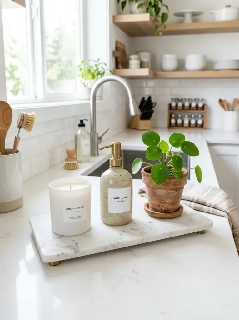 Authentic modern kitchen countertop with a white marble serving board holding an elegant candle, ceramic soap dispenser, and small green plant, neatly made, beautifully arranged, organized, clean, bright natural light, vibrant fresh colors, Pinterest-ready real-life stock photography, highly realistic, no people