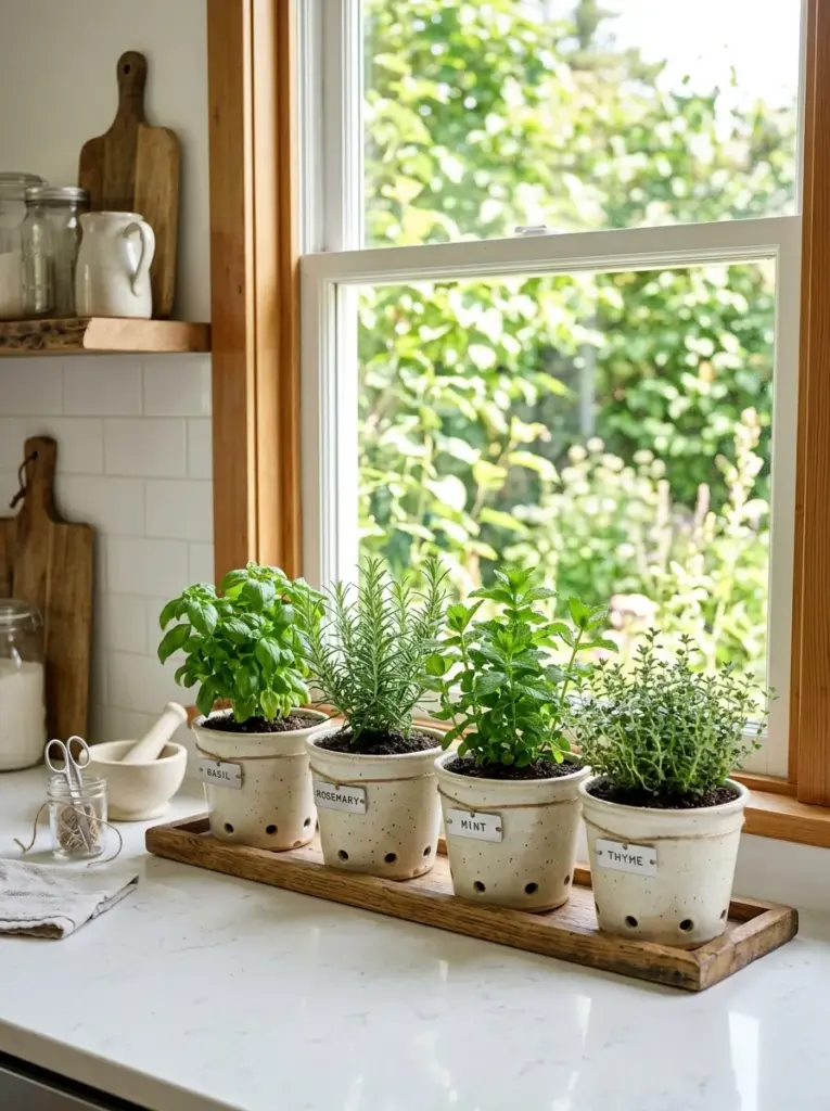 Real-life kitchen countertop beside a large window with matching ceramic pots filled with basil, rosemary, mint, and thyme, neatly made, beautifully arranged, organized, clean, bright natural light illuminating the herbs from the window, vibrant green colors, authentic home kitchen, Pinterest-ready stock photography, ultra realistic, no people