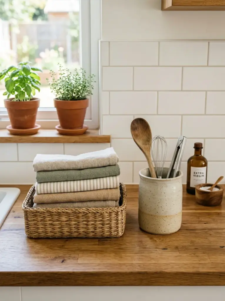 Authentic kitchen countertop with a small woven basket holding neatly folded linen kitchen towels beside a simple ceramic accessory, neatly made, beautifully arranged, organized, clean, bright natural light, vibrant neutral tones, Pinterest-ready stock photography, highly realistic, no people