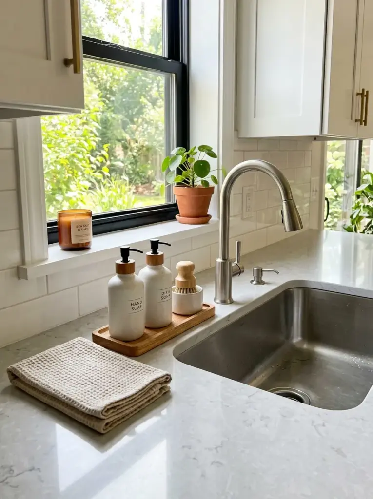Real-life modern kitchen countertop featuring a handcrafted sculptural ceramic bowl with organic shape, styled beside minimal kitchen accessories, neatly made, beautifully arranged, organized, clean, bright natural light, vibrant earthy colors, authentic Pinterest-ready home kitchen, professional stock photography, ultra realistic, no people