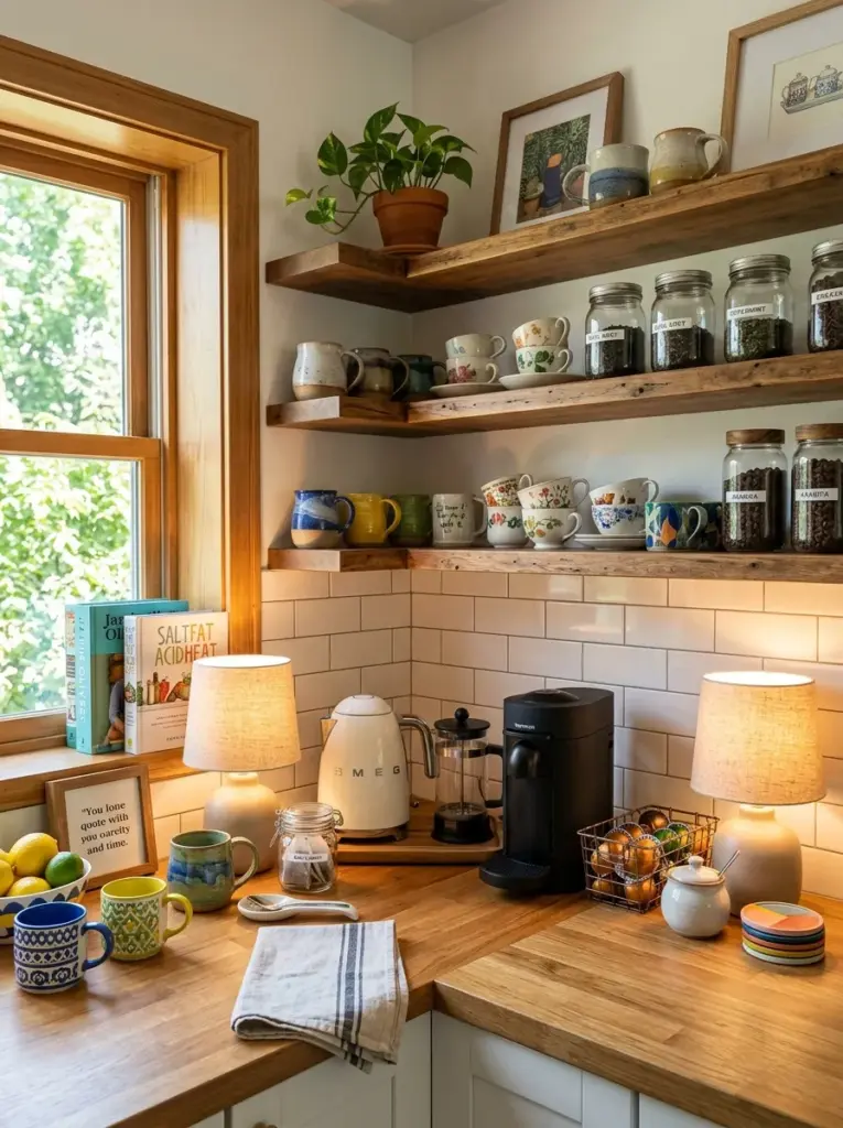 Real-life kitchen sink countertop with matching refillable ceramic soap dispensers, small tray, natural scrub brush in a holder, neatly made, beautifully arranged, organized, clean, bright natural light reflecting across the countertop, vibrant neutral colors, authentic modern home kitchen, Pinterest-ready stock photography, ultra realistic, no people