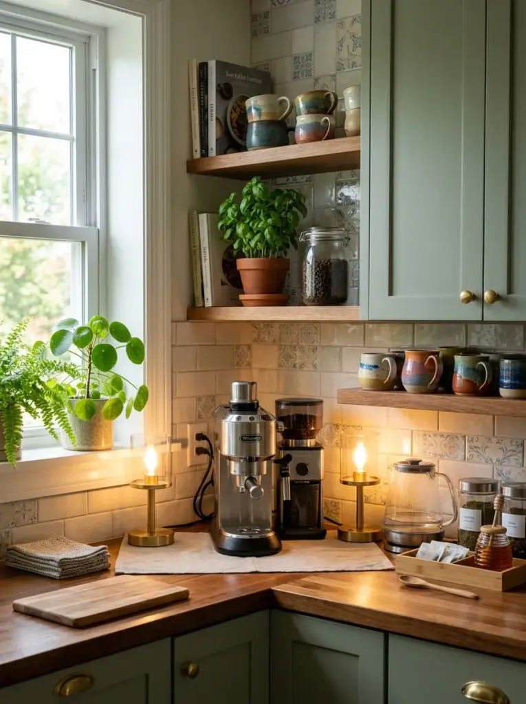Real-life kitchen beverage corner with two matching small countertop lamps positioned to softly illuminate the backsplash and countertop surface, neatly made, beautifully arranged, organized, clean, bright natural light from nearby windows mixing with warm evening lamp glow, vibrant colors, authentic home kitchen, Pinterest-ready stock photography, ultra realistic, no people