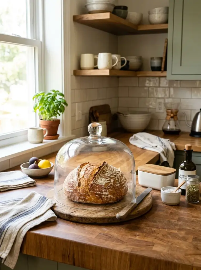 Authentic kitchen countertop with artisan bread displayed beneath a clear glass cloche on a wooden serving board, neatly made, beautifully arranged, organized, clean, bright natural light, vibrant golden bread tones, cozy everyday home kitchen, Pinterest-ready stock photography, ultra realistic, no people