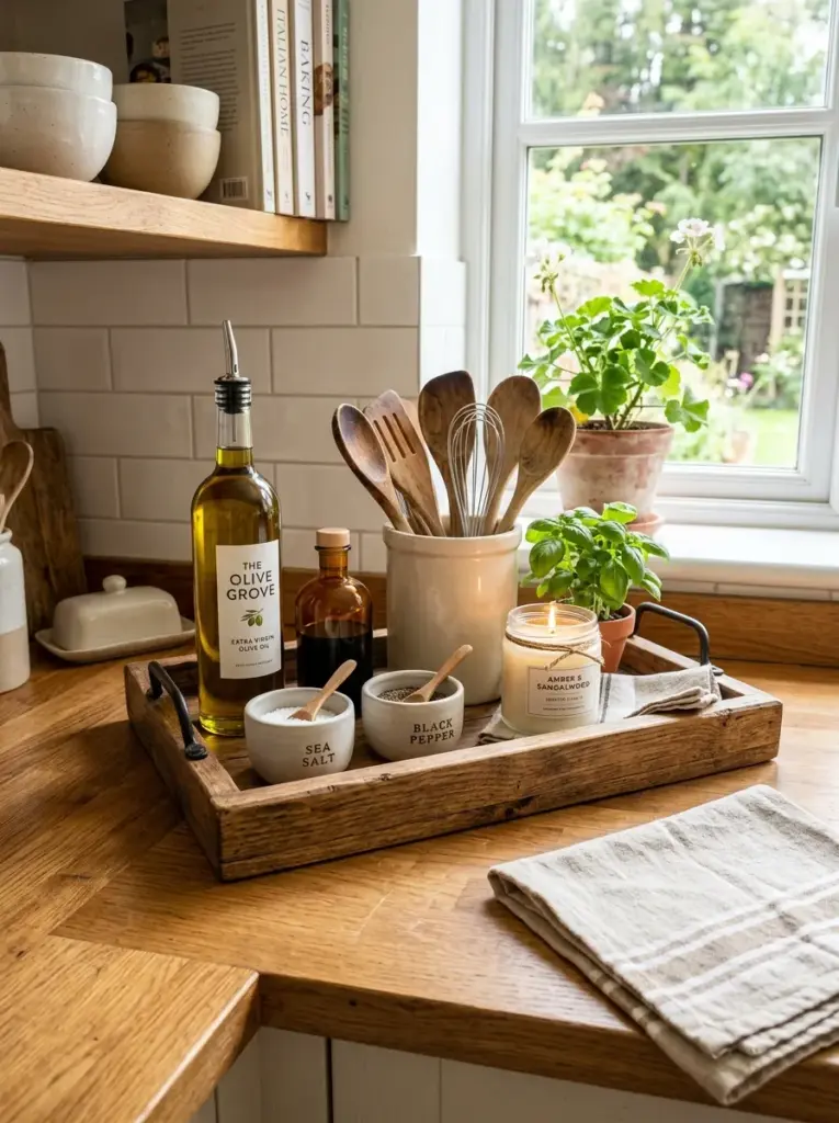 Beautiful real-life kitchen countertop featuring a large wooden tray holding olive oil bottle, ceramic salt and pepper containers, utensil crock, elegant candle, neatly made, beautifully arranged, organized, clean, bright natural light, vibrant earthy tones, authentic family kitchen, Pinterest-ready stock photography, highly realistic, no people