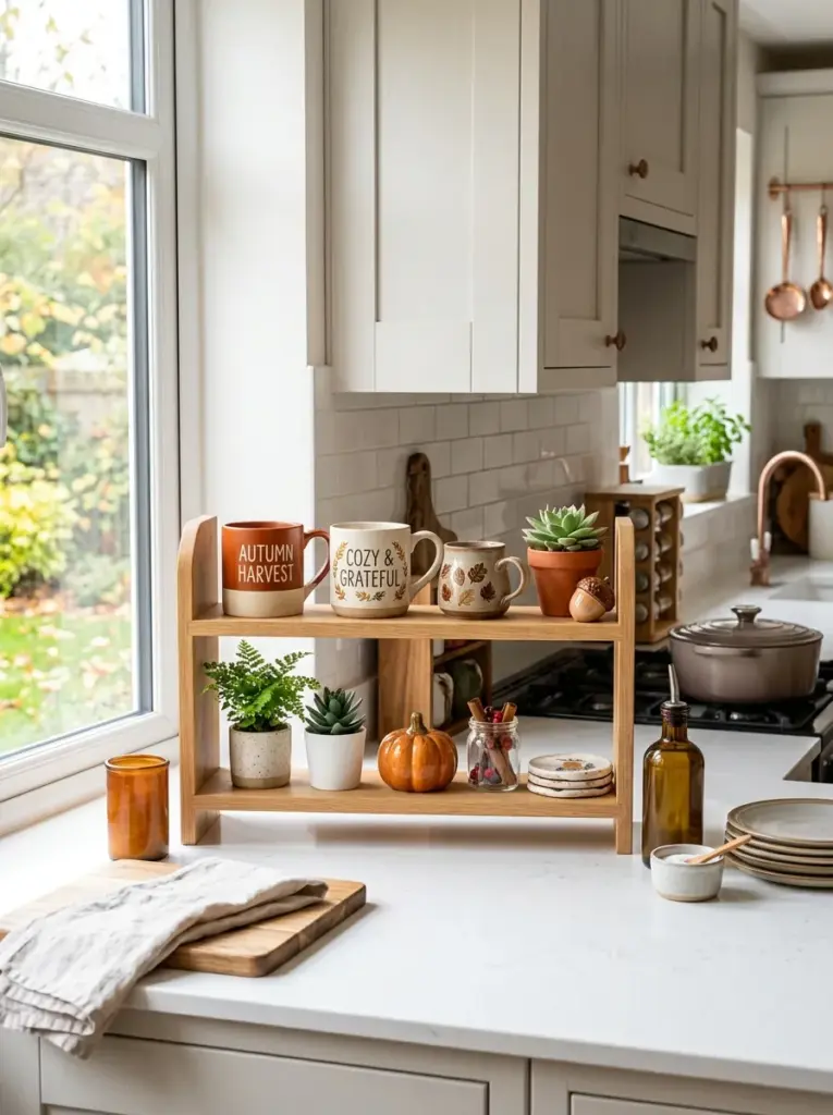 Real-life kitchen countertop with a compact open countertop shelf displaying seasonal mugs, miniature plants, and ceramic accents, neatly made, beautifully arranged, organized, clean, bright natural light, vibrant seasonal colors, authentic stylish family kitchen, Pinterest-ready stock photography, highly realistic, no people