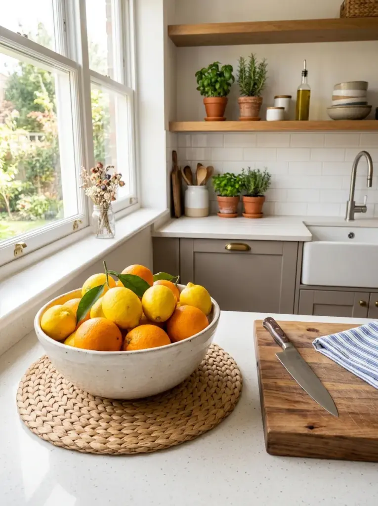 Real-life kitchen countertop with large ceramic bowl filled with fresh lemons and oranges on a woven placemat, wooden cutting board nearby, neatly made, beautifully arranged, organized, clean, bright natural light highlighting colorful fruit, vibrant tones, cozy modern home kitchen, Pinterest-ready stock photo, ultra realistic, no people