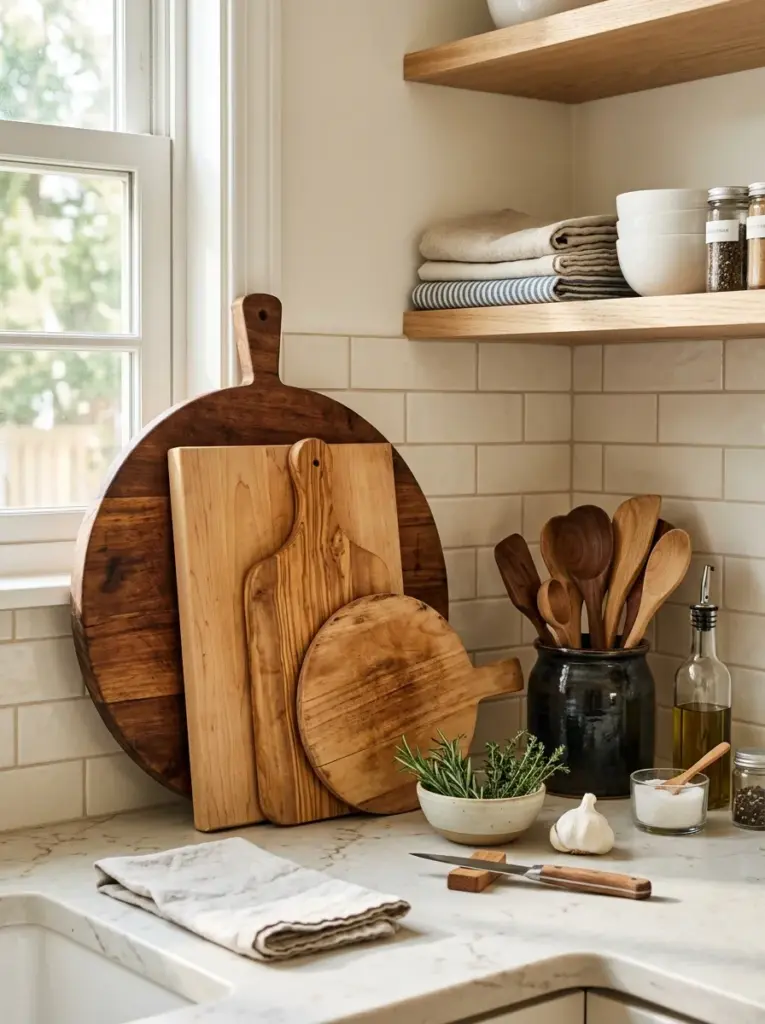 Authentic home kitchen with layered wooden cutting boards leaning against backsplash, mixed round and rectangular boards beside a clean prep area, neatly made, beautifully arranged, organized, clean, bright natural light creating soft shadows from the side window, vibrant warm wood tones, Pinterest-ready, realistic stock photography, no people