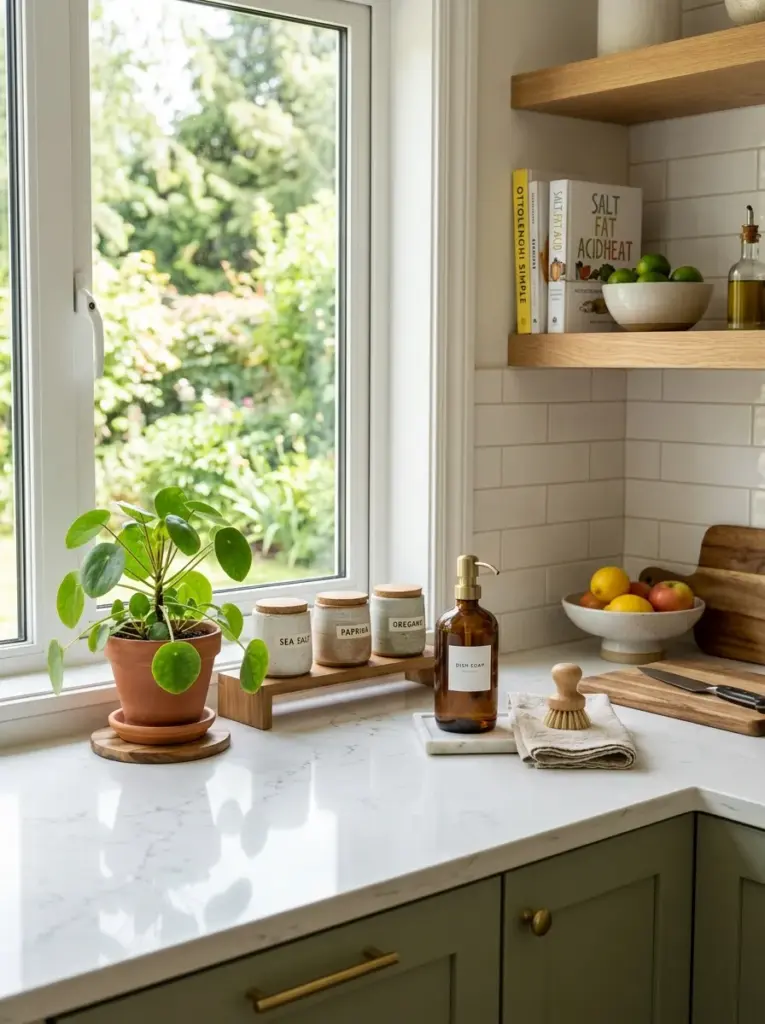 Real-life kitchen countertop beside a window with lush indoor plant next to ceramic spice jars and elegant soap dispenser, neatly made, beautifully arranged, organized, clean, bright natural light entering from the side window, vibrant green foliage, cozy modern kitchen, Pinterest-ready stock photography, highly realistic, no people
