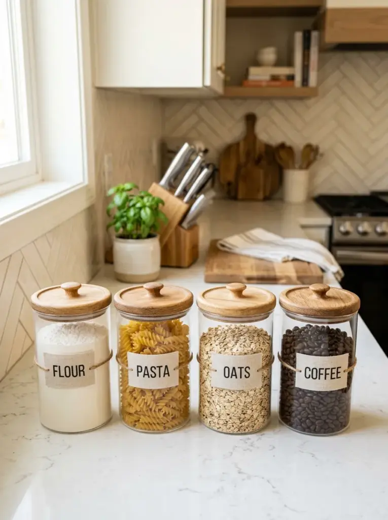 Real-life kitchen countertop with matching clear glass canisters filled with flour, pasta, oats, and coffee beans, identical wooden lids, neatly made, beautifully arranged, organized, clean, bright natural light, vibrant neutral colors, authentic family kitchen, Pinterest-ready stock photography, ultra realistic, no people