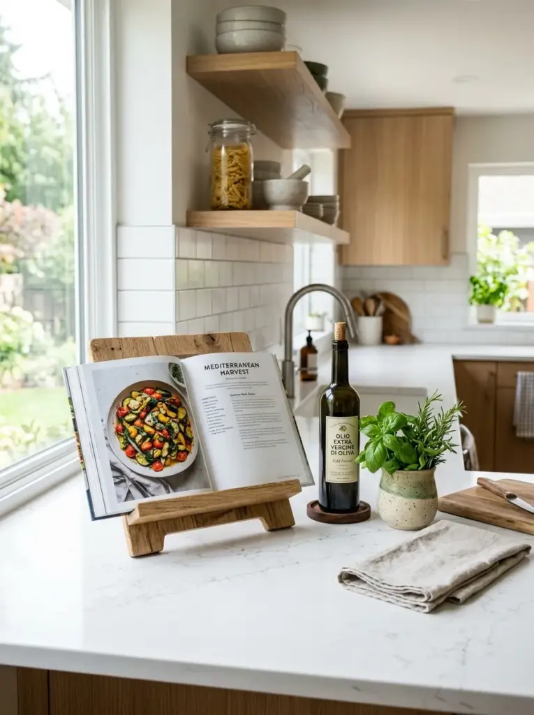Authentic modern kitchen countertop featuring an open cookbook on a wooden stand beside olive oil bottle and fresh herbs in a small ceramic pot, neatly made, beautifully arranged, organized, clean, bright natural light, vibrant colors, Pinterest-ready real-life stock photography, highly realistic, no people