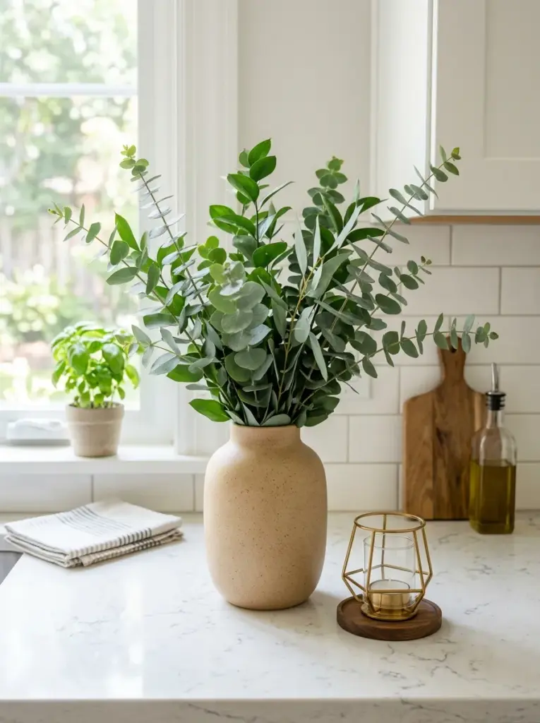 Real-life kitchen countertop with a matte ceramic vase holding fresh eucalyptus branches, paired with one small decorative object, neatly made, beautifully arranged, organized, clean, bright natural light, vibrant green leaves, authentic stylish home kitchen, Pinterest-ready stock photography, ultra realistic, no people