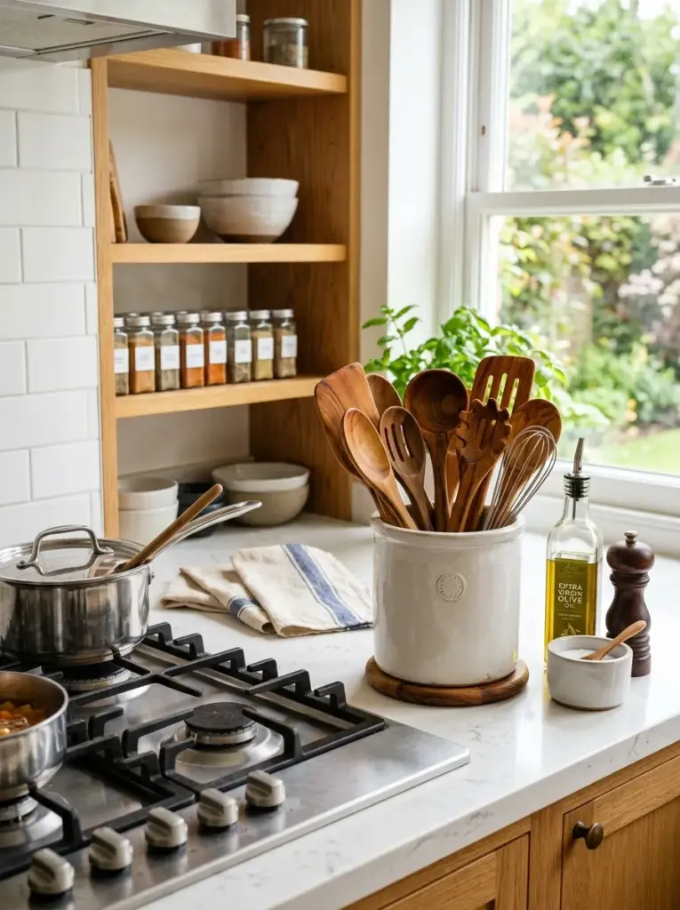 Real-life kitchen countertop beside a cooktop with a large ceramic utensil crock filled with matching wooden cooking utensils, neatly made, beautifully arranged, organized, clean, bright natural light, vibrant warm wood colors, authentic lived-in kitchen, Pinterest-ready stock photography, highly realistic, no people