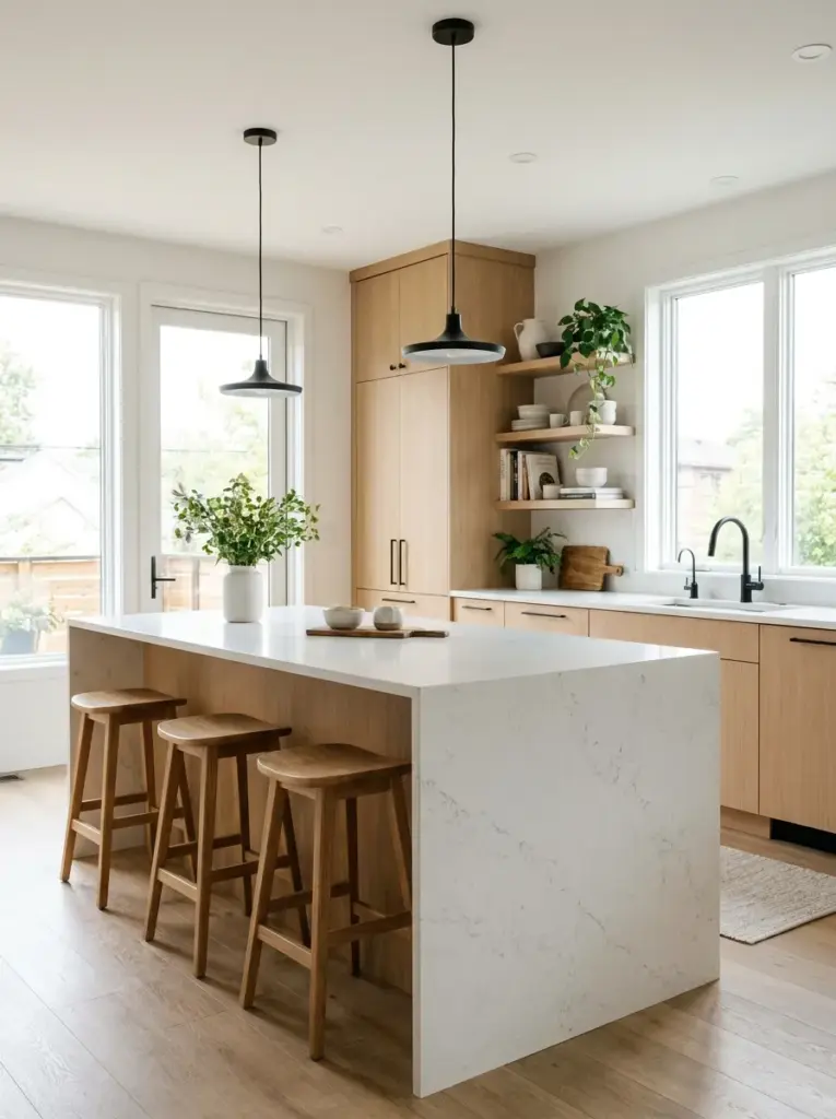 Real-life modern kitchen with a large waterfall white quartz kitchen island, minimalist cabinetry, wooden bar stools, subtle black accents, neatly made, beautifully arranged, organized, clean, bright natural light entering from large side windows, vibrant neutral colors, realistic photography, Pinterest-ready, stock photo style, ultra detailed, no people, 2:3 portrait.