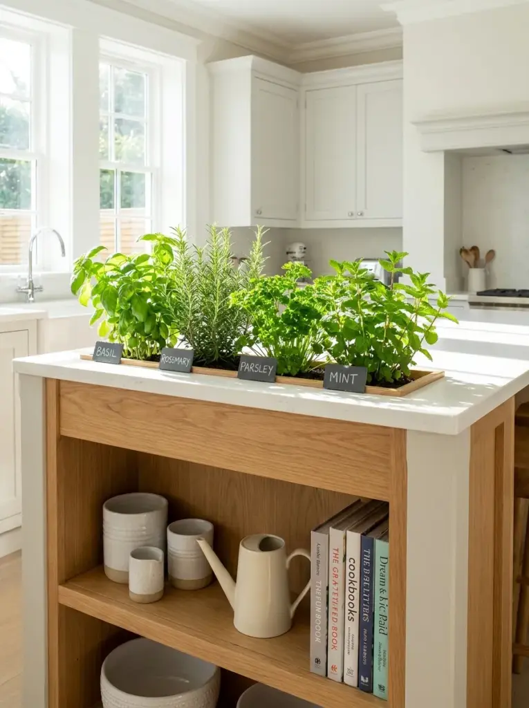 Real-life kitchen island featuring a built-in herb garden with fresh basil, rosemary, parsley, and mint growing beside the countertop, neatly made, beautifully arranged, organized, clean, bright natural light directly illuminating the herbs from nearby windows, vibrant green foliage, realistic photography, Pinterest-ready, stock photo style, ultra detailed, no people, 2:3 portrait.