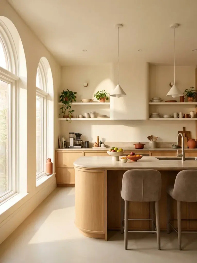 Real-life kitchen featuring a gently curved kitchen island with comfortable seating, smooth rounded edges, spacious walkways, neatly made, beautifully arranged, organized, clean, bright natural light entering from large side windows, vibrant warm neutral colors, realistic photography, Pinterest-ready, stock photo style, ultra detailed, no people, 2:3 portrait.