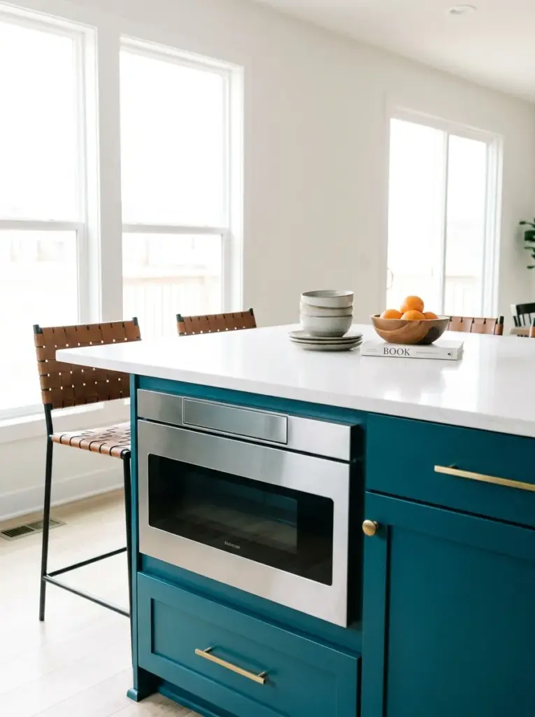 Real-life modern kitchen island with a built-in microwave drawer beneath a clean countertop, minimal appliances on display, neatly made, beautifully arranged, organized, clean, bright natural light from nearby windows, vibrant contemporary finishes, realistic photography, Pinterest-ready, stock photo style, ultra detailed, no people, 2:3 portrait.
