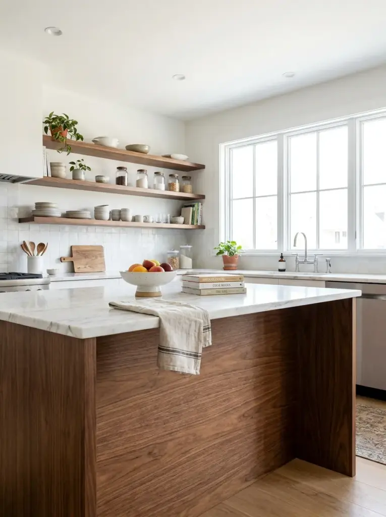Real-life kitchen with a mixed material kitchen island featuring a warm walnut wood base and white stone countertop, coordinated open shelving, neatly made, beautifully arranged, organized, clean, bright natural light from wide windows, vibrant wood and stone textures, realistic photography, Pinterest-ready, stock photo style, ultra detailed, no people, 2:3 portrait.