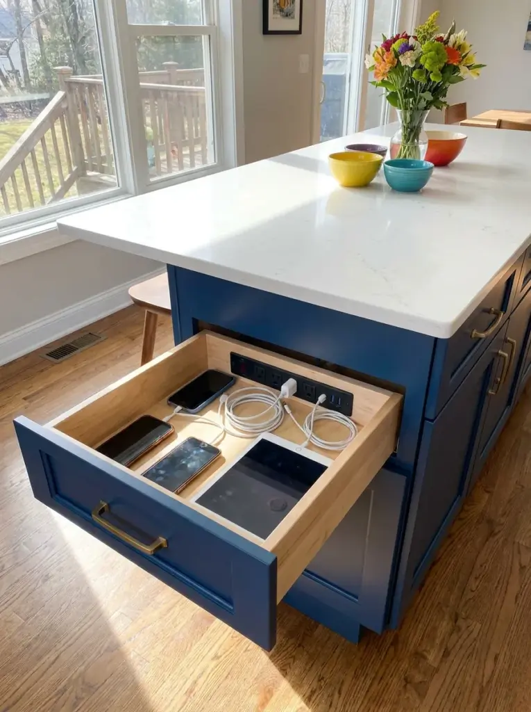 Real-life kitchen island featuring a hidden charging drawer with organized smartphones, tablets, charging cables, and built-in outlets, neatly made, beautifully arranged, organized, clean, bright natural light from nearby windows, vibrant contemporary kitchen colors, realistic photography, Pinterest-ready, stock photo style, ultra detailed, no people, 2:3 portrait.