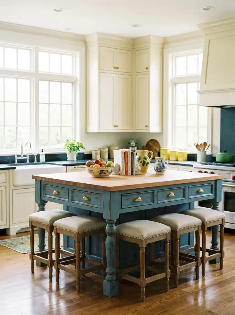 Real-life kitchen with a furniture-style kitchen island featuring decorative wooden legs, classic hardware, comfortable stools, neatly made, beautifully arranged, organized, clean, bright natural light entering from large surrounding windows, vibrant classic kitchen colors, realistic photography, Pinterest-ready, stock photo style, ultra detailed, no people, 2:3 portrait.