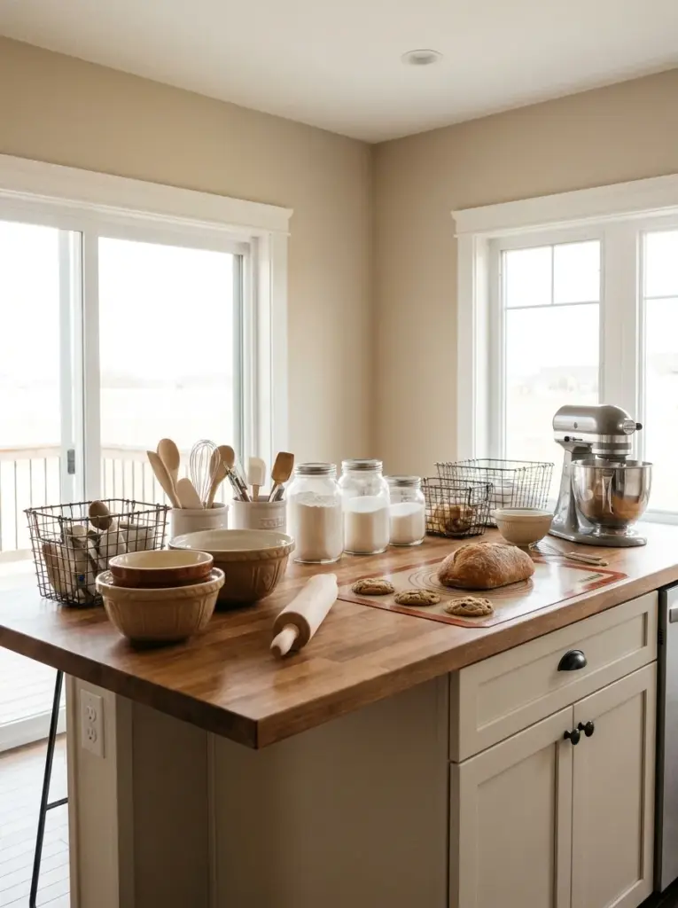 Real-life kitchen island with an extended baking station, spacious countertop with neatly stored baking tools, ceramic mixing bowls, wooden rolling pin, neatly made, beautifully arranged, organized, clean, bright natural light from wide side windows, vibrant warm neutral colors, realistic photography, Pinterest-ready, stock photo style, ultra detailed, no people, 2:3 portrait.