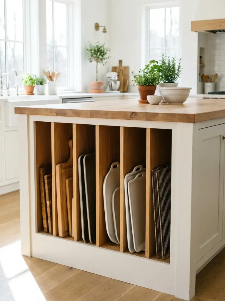 Real-life kitchen island featuring vertical storage slots holding baking trays, cutting boards, serving platters, and cooling racks, neatly made, beautifully arranged, organized, clean, bright natural light from nearby windows, vibrant natural wood and white finishes, realistic photography, Pinterest-ready, stock photo style, ultra detailed, no people, 2:3 portrait.