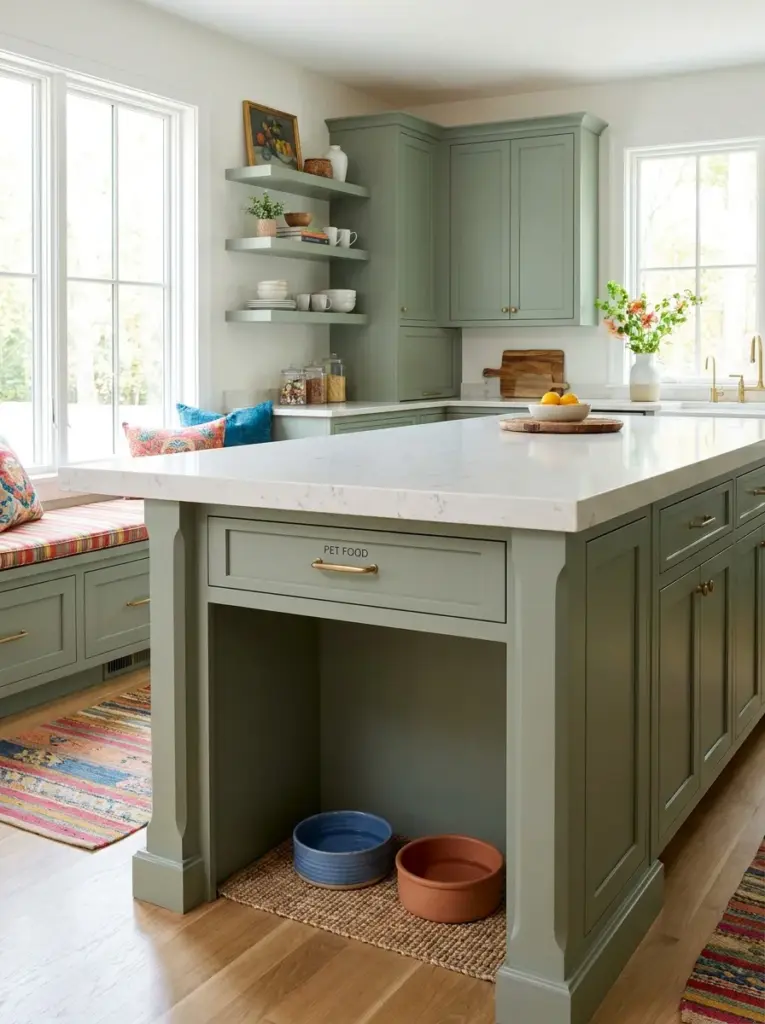 Real-life kitchen island with a built-in pet feeding nook underneath the overhang, stylish food and water bowls, hidden pet food drawer, neatly made, beautifully arranged, organized, clean, bright natural light from side windows, vibrant welcoming colors, realistic photography, Pinterest-ready, stock photo style, ultra detailed, no people, 2:3 portrait.