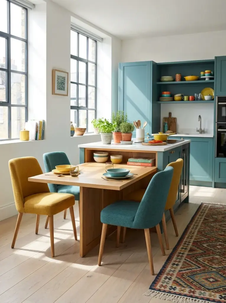Real-life compact kitchen island with a fold-out dining extension opened for extra seating, comfortable chairs, spacious layout, neatly made, beautifully arranged, organized, clean, bright natural light from large nearby windows, vibrant modern colors, realistic photography, Pinterest-ready, stock photo style, ultra detailed, no people, 2:3 portrait.