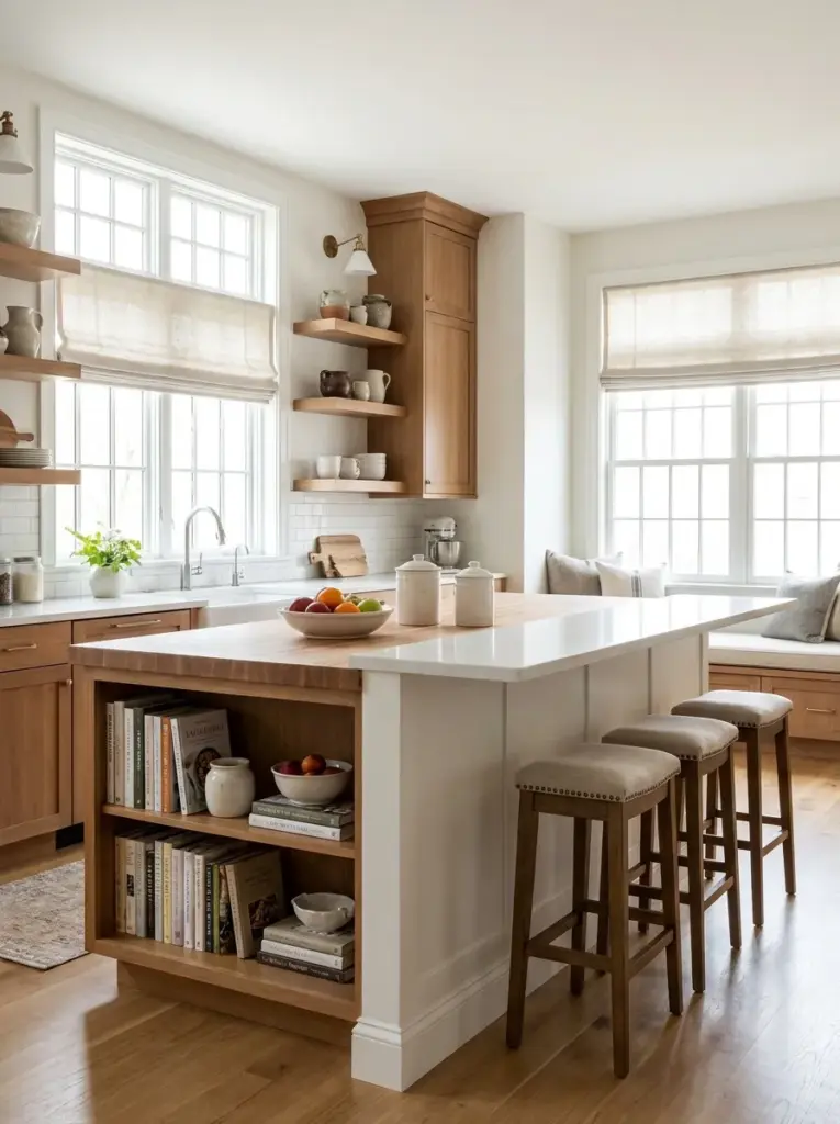 Real-life family kitchen with a two-level kitchen island featuring lower food preparation counter and raised breakfast bar, comfortable seating, neatly made, beautifully arranged, organized, clean, bright natural light from wide windows beside the island, vibrant warm wood and white finishes, realistic photography, Pinterest-ready, stock photo style, ultra detailed, no people, 2:3 portrait.
