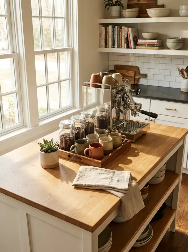 Real-life kitchen island with a dedicated coffee preparation zone featuring an espresso machine, ceramic mugs, glass jars of coffee beans, wooden tray, small green plant, neatly made, beautifully arranged, organized, clean, bright natural light from nearby windows, vibrant cozy colors, realistic photography, Pinterest-ready, stock photo style, ultra detailed, no people, 2:3 portrait.