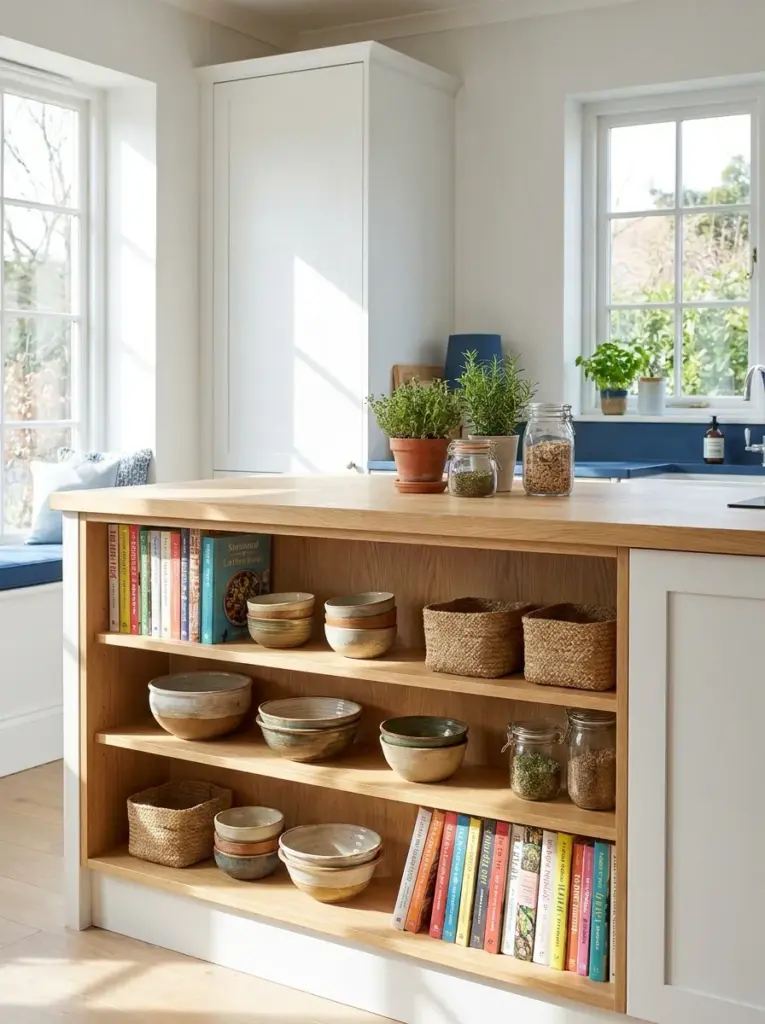 Real-life kitchen island with a built-in cookbook shelf displaying colorful cookbooks, ceramic bowls, woven baskets, and subtle decorative accents, neatly made, beautifully arranged, organized, clean, bright natural light from large side windows, vibrant inviting colors, realistic photography, Pinterest-ready, stock photo style, ultra detailed, no people, 2:3 portrait.