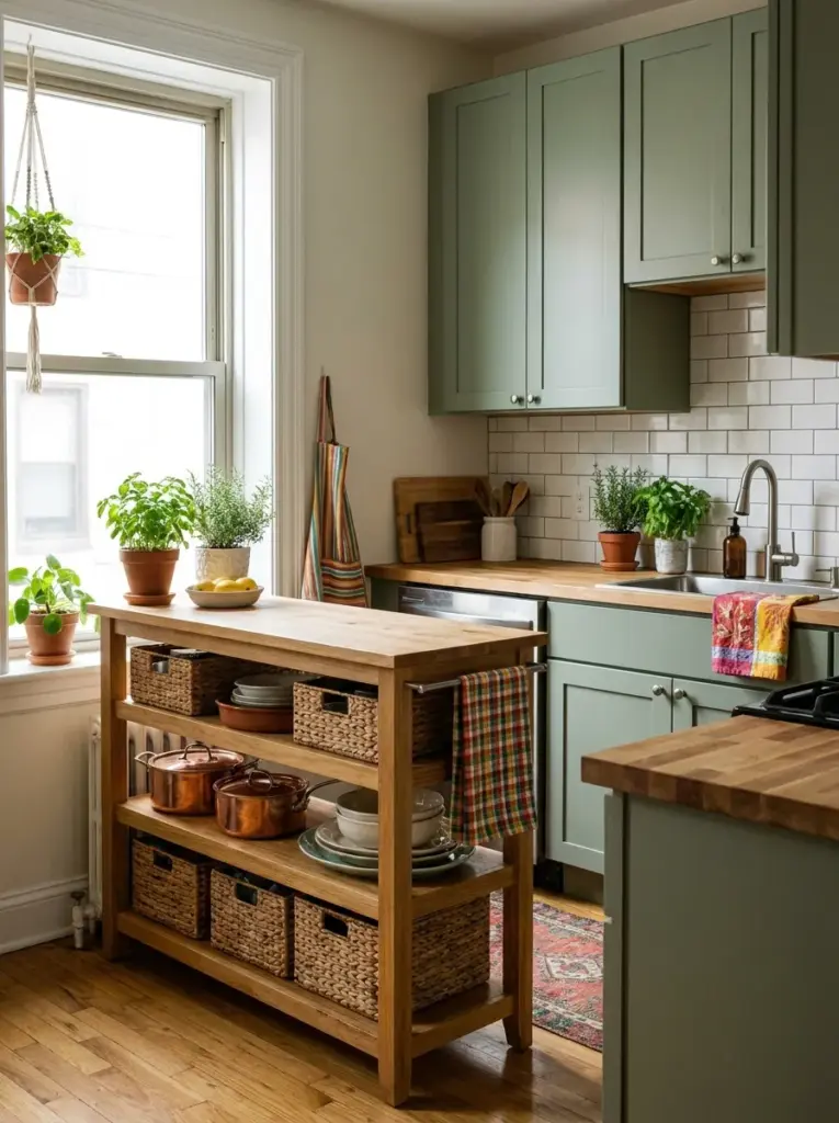 Real-life small kitchen with a narrow wooden kitchen island featuring open shelves filled with baskets and cookware, compact layout, neatly made, beautifully arranged, organized, clean, bright natural light from a nearby window, vibrant cozy colors, realistic photography, Pinterest-ready, stock photo style, ultra detailed, no people, 2:3 portrait.