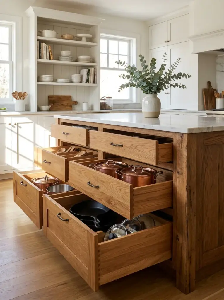 Real-life kitchen featuring a large island with multiple deep storage drawers partially open to reveal organized cookware, drawer dividers, neatly made, beautifully arranged, organized, clean, bright natural light from side-facing windows, vibrant wood textures and white cabinetry, realistic photography, Pinterest-ready, stock photo style, ultra detailed, no people, 2:3 portrait.